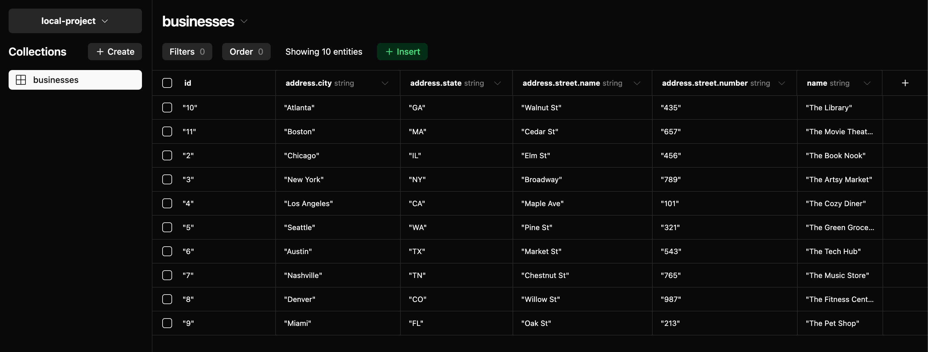 The Triplit console displaying a collection with nested records