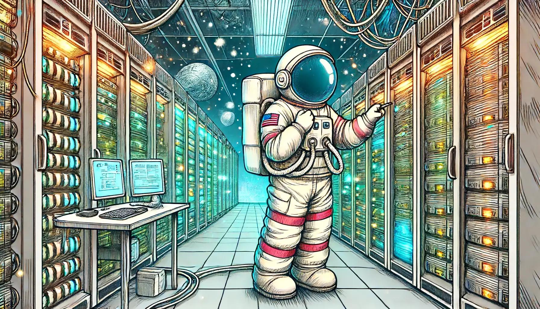 An astronaut managing their own servers.