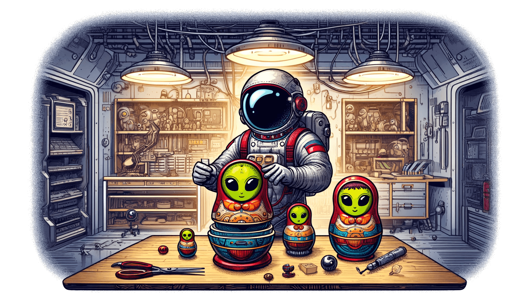 An astronaut playing some Matryoshka dolls in a workshop