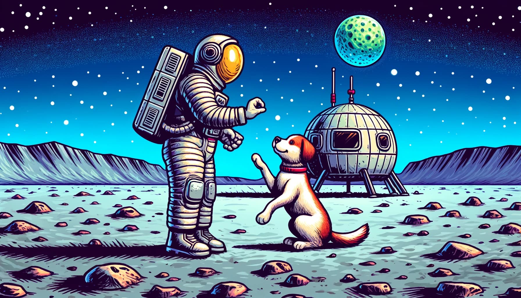 A dog learning a new trick on the moon