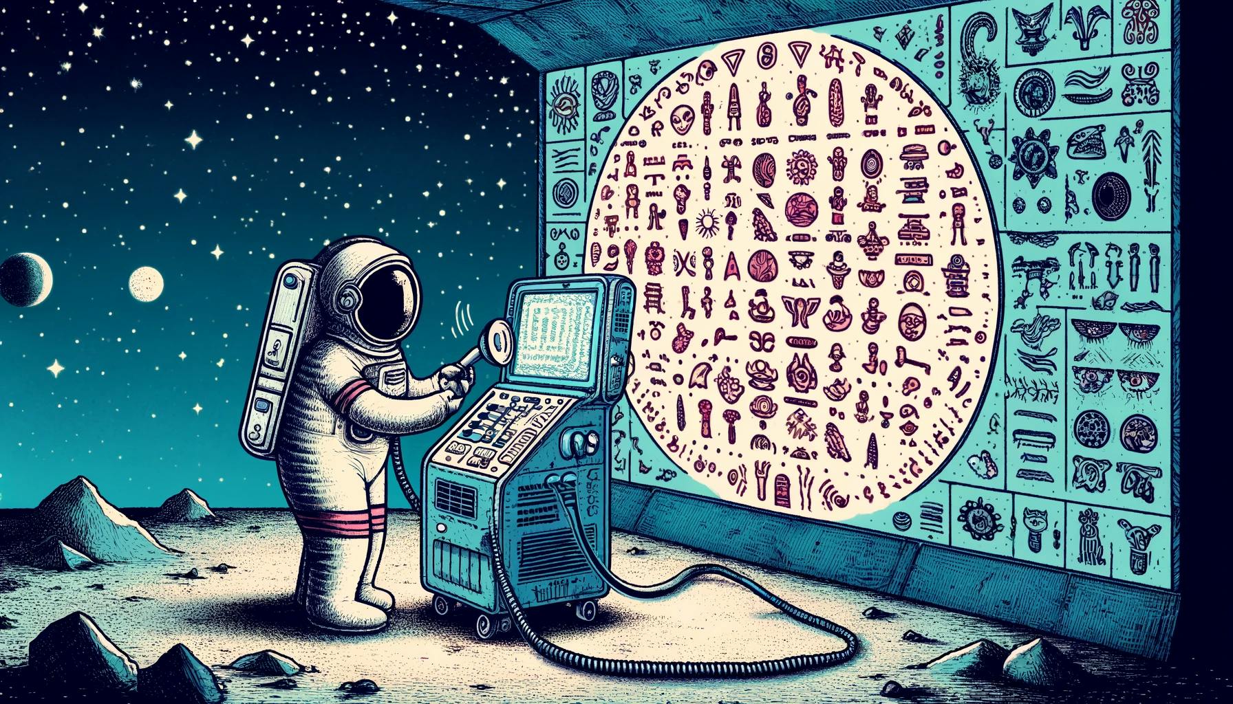An astronaut decoding alien hieroglyphs
