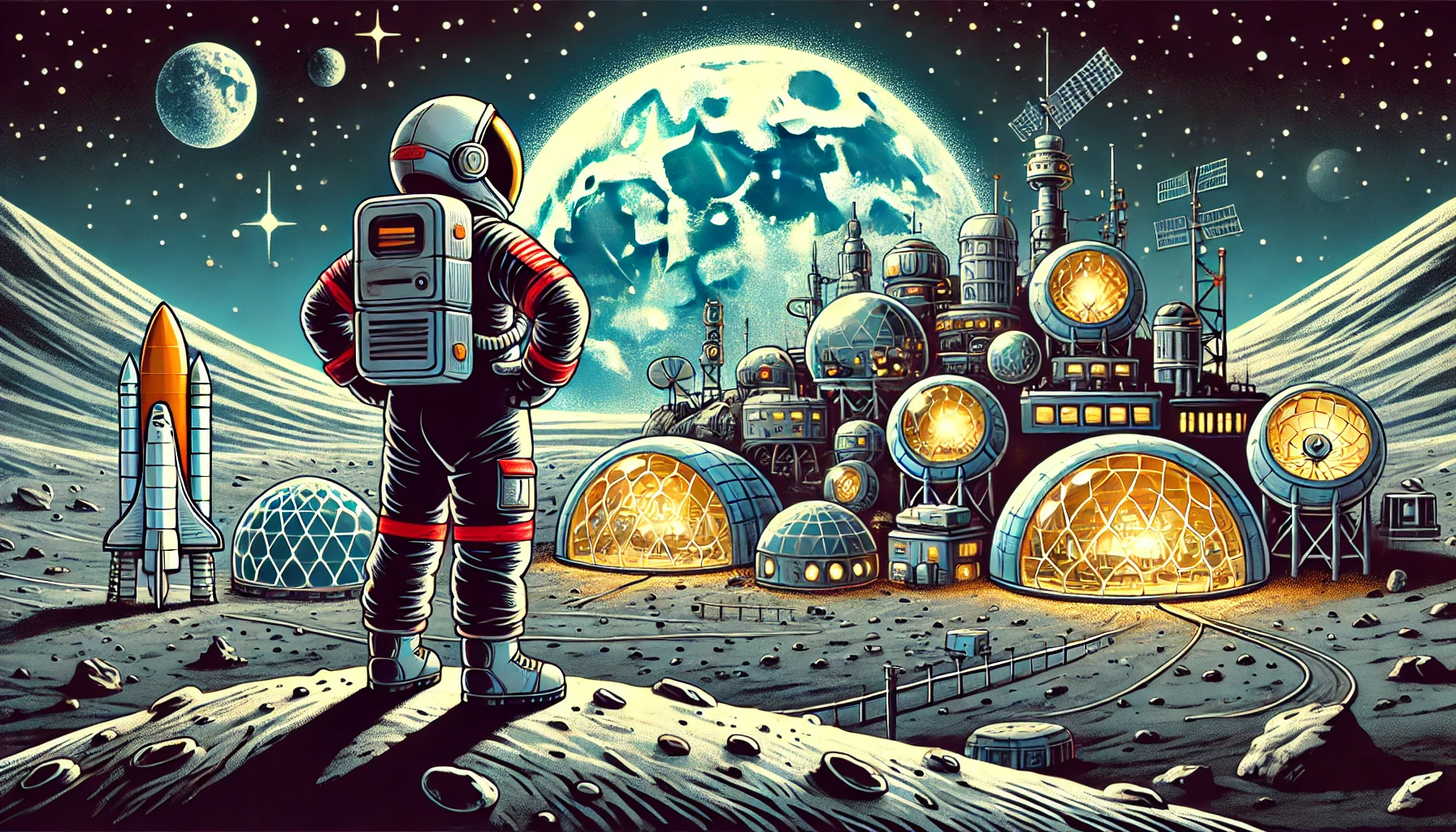 An astronaut standing on a cliff overlooking a space settlement.