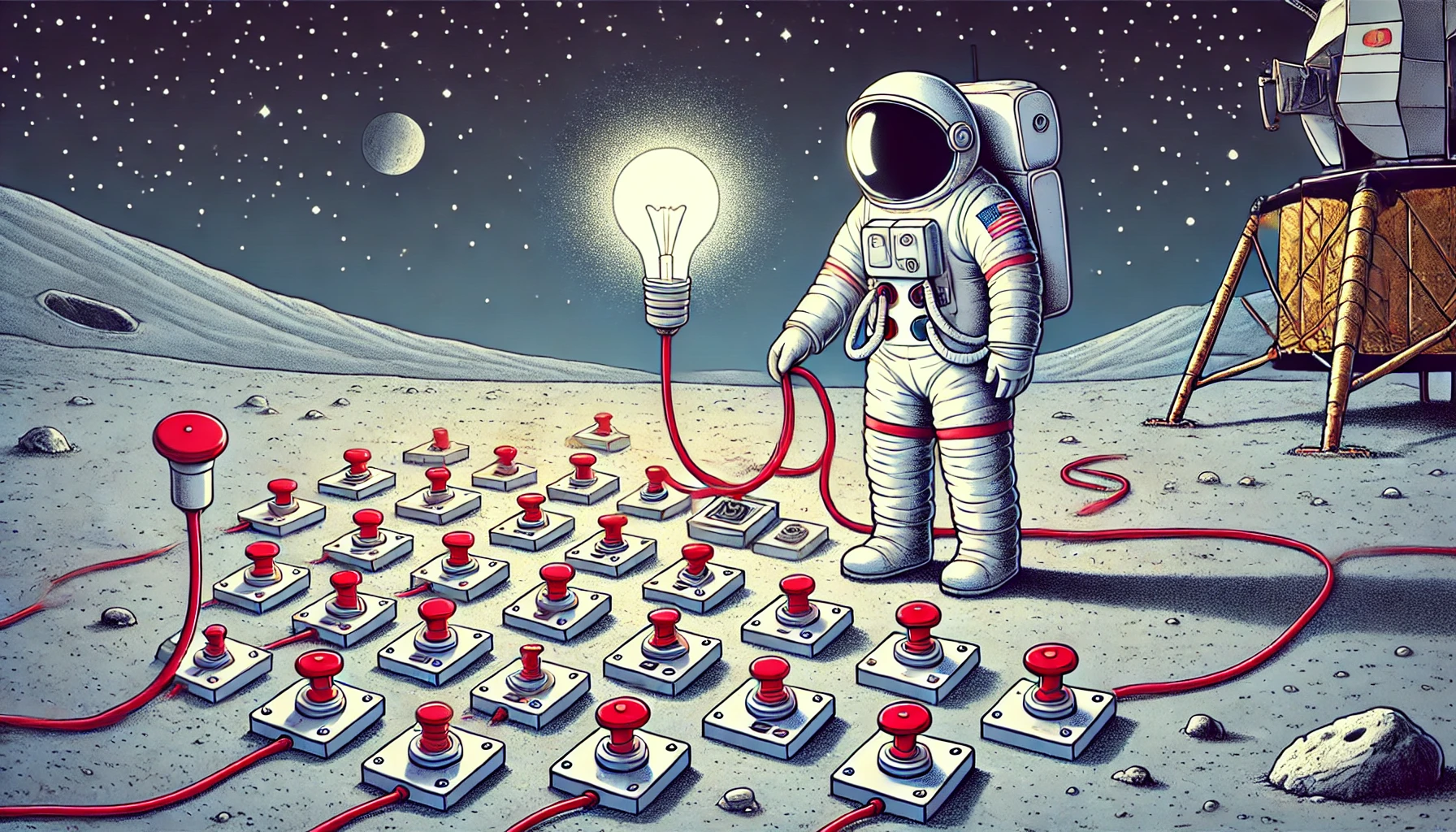 An astronaut observing many duplicate big red buttons on the surface of a moon.