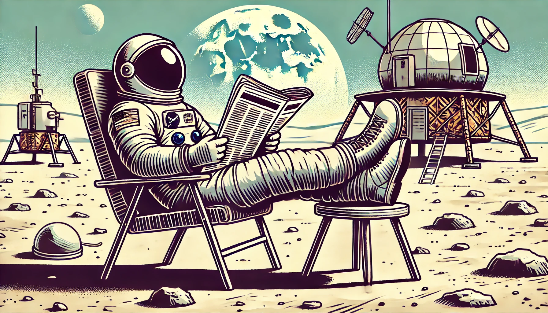 An astronaut relaxing in a lawn chair and reading a newspaper.