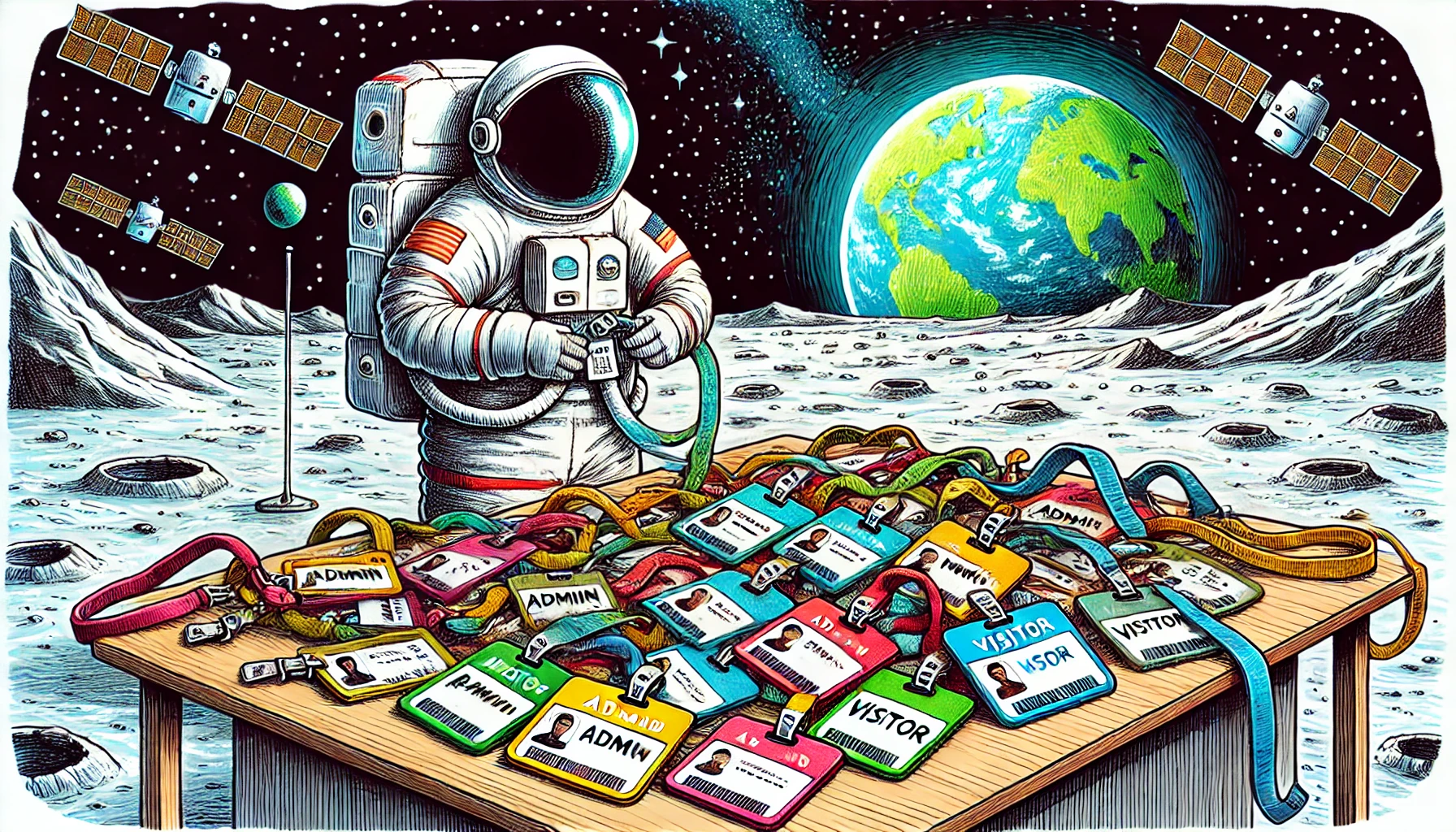 An astronaut, on the moon, stands over a table covered in security badges.