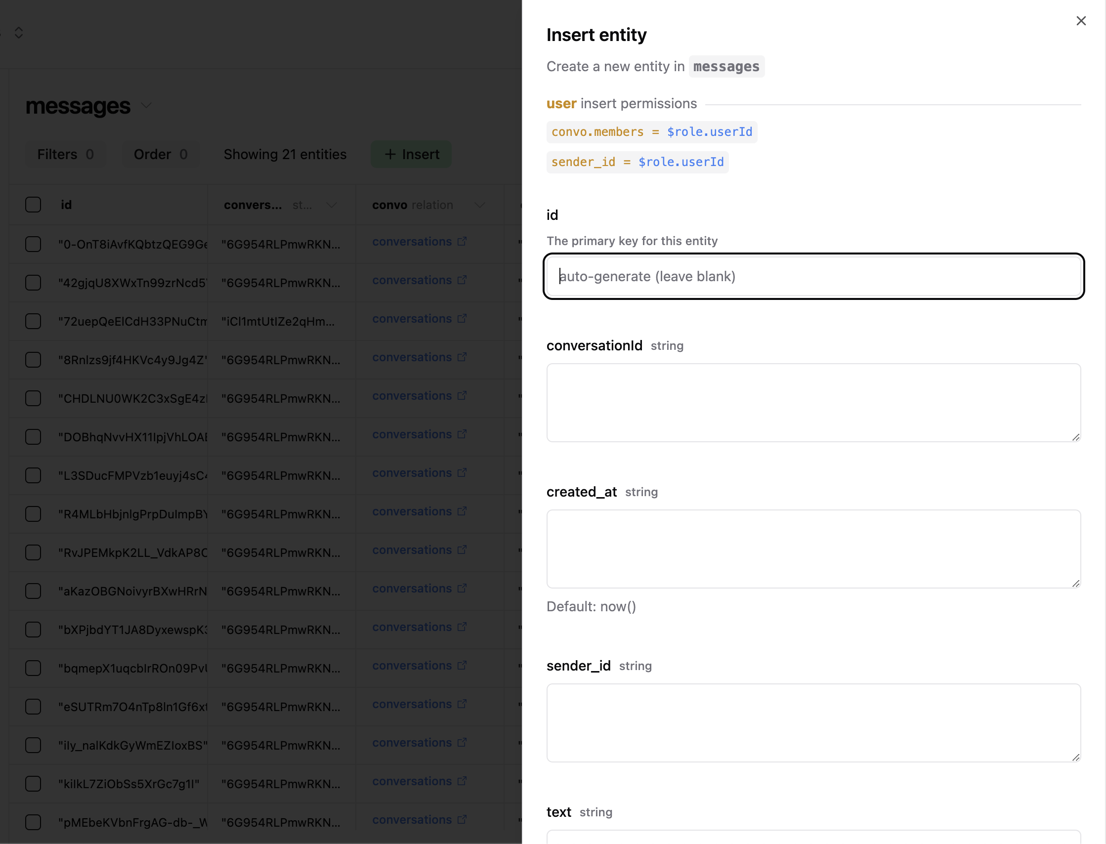 The insert entity form with permissions rendered