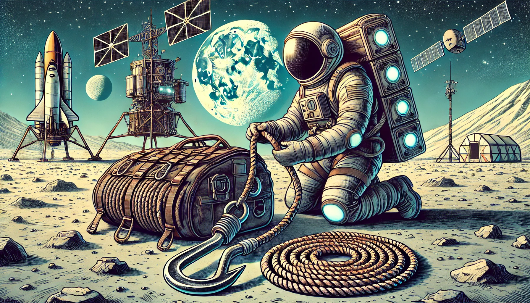 An astronaut, on the moon, fashioning a large hook to a long rope.