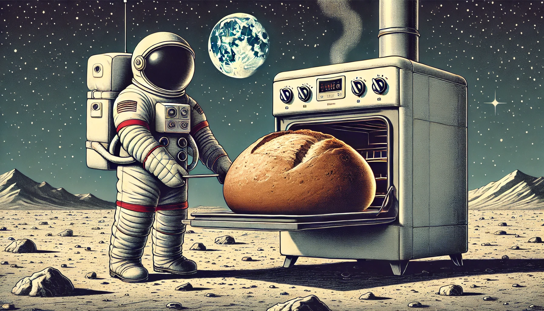 An astronaut taking some a loaf of bread out of the oven.