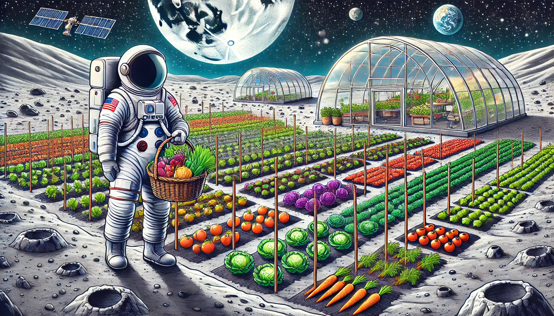 An astronaut with a basket of fresh produce on a farm.