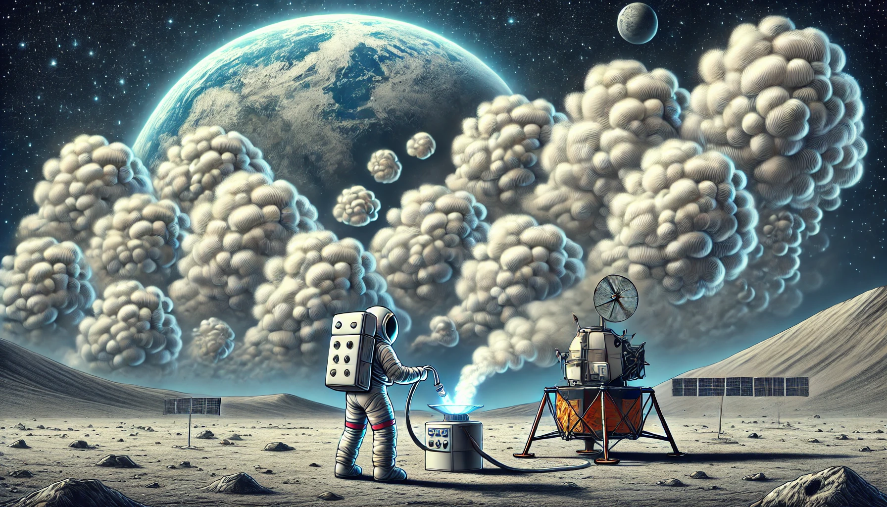 An astronaut, on the moon, using a machine to create many clouds that obscure the sky.