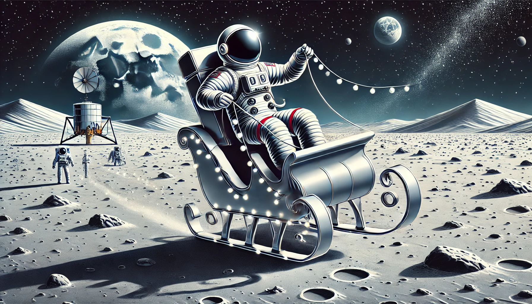 An astronaut drives a sleigh across the moon.