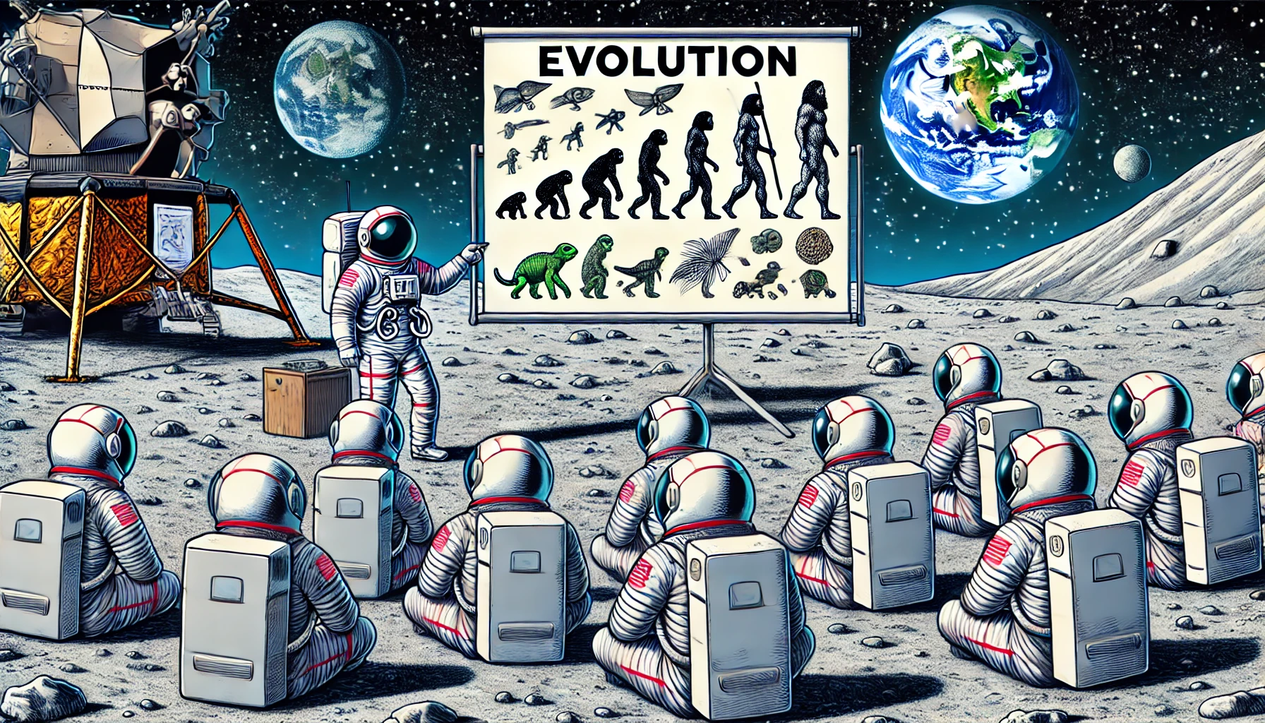 An astronaut holds a lecture on the theory of evolution on the moon.