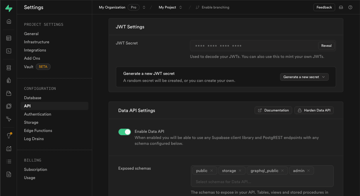 Supabase API Settings