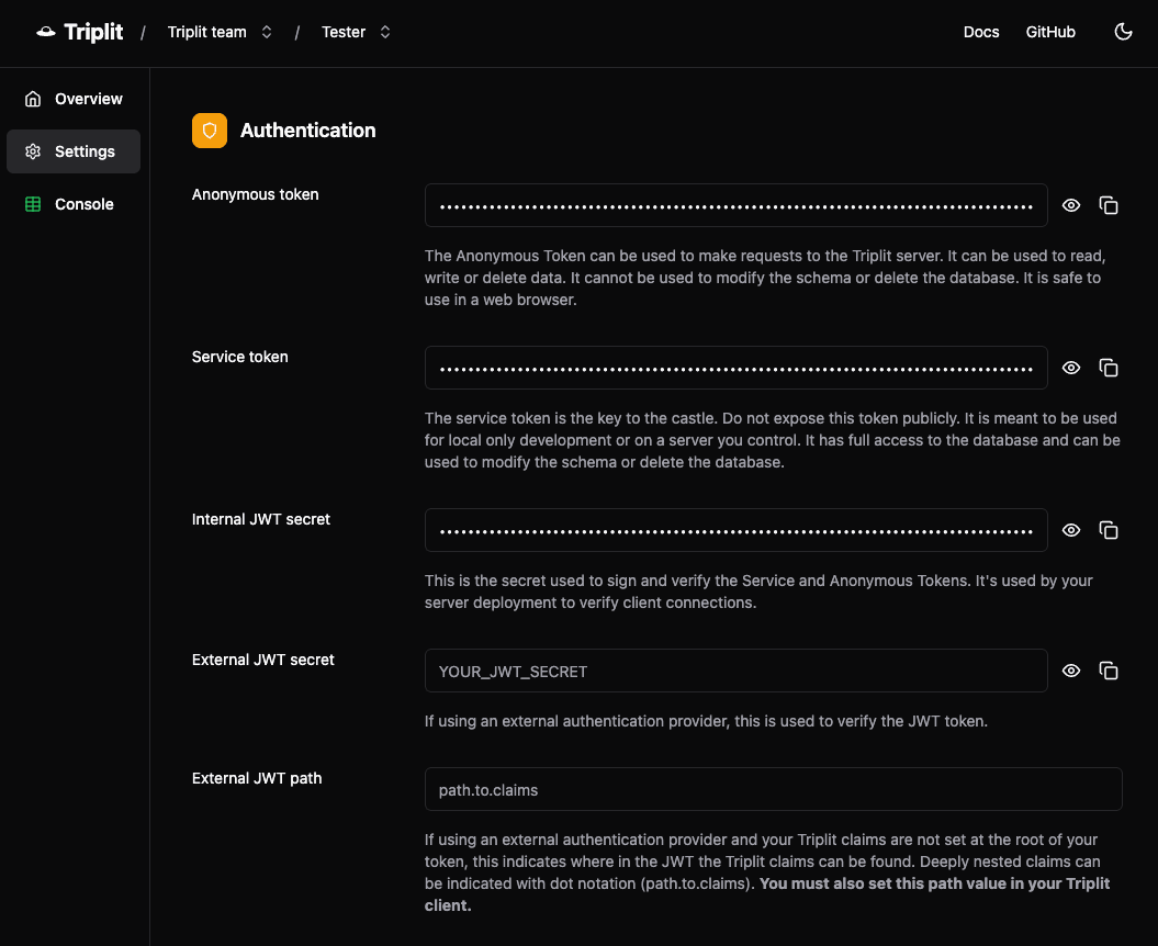 Triplit Project Settings